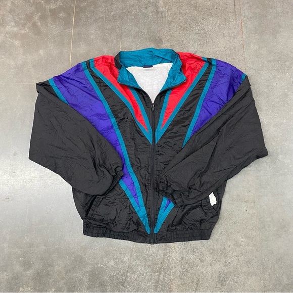 VTG 90s Colorblock Windbreaker Jacket Black Purple Teal Red Men’s Large - Picture 8 of 8